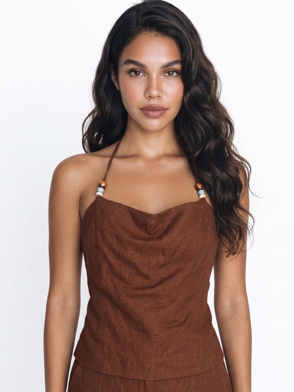 FEW MODA X SARA WALKER | NEW Brown Linen Halter Top w/ Beads Women’s Size 4